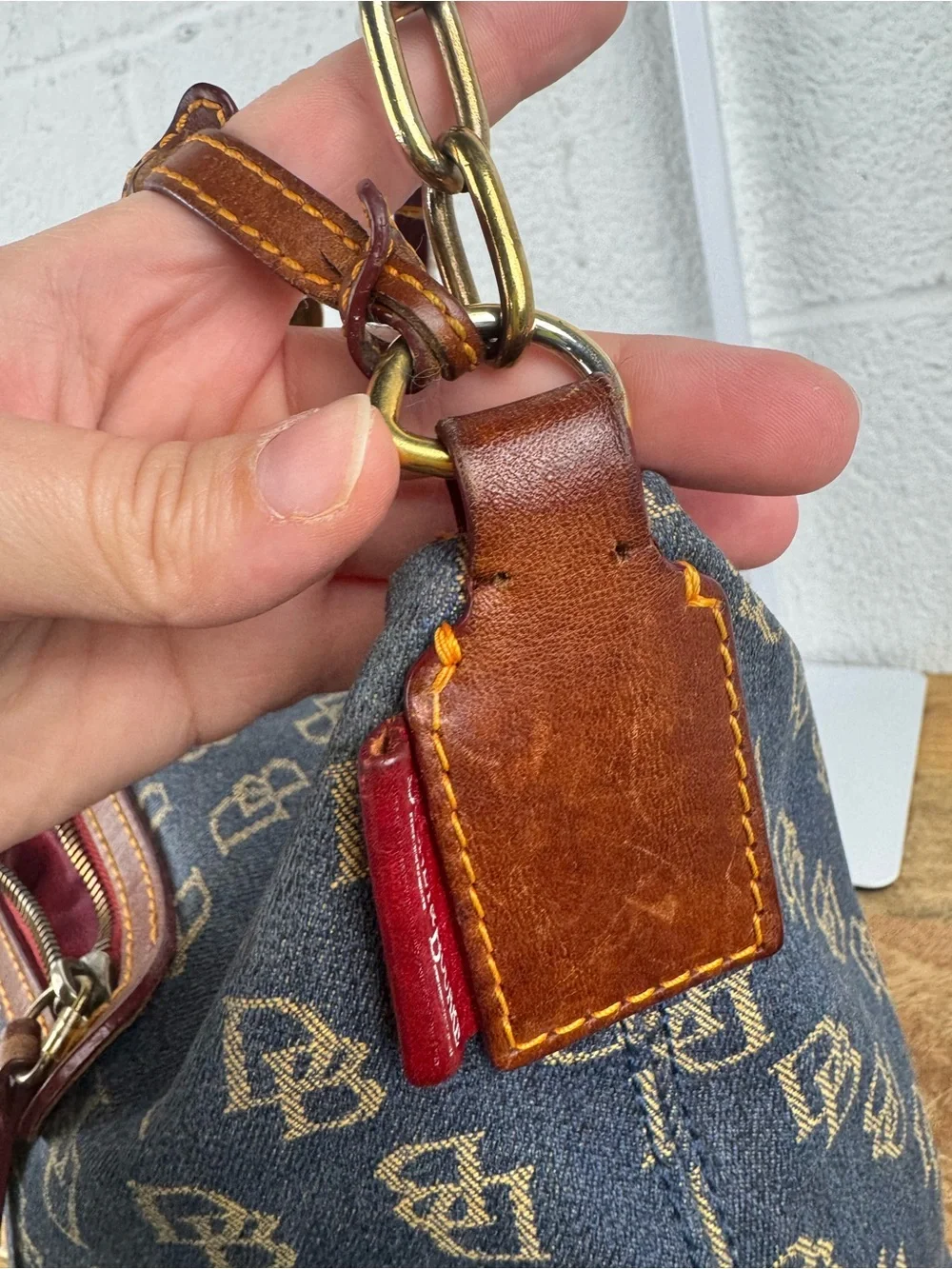 Dooney & Bourke Denim Monogram Hobo Shoulder Bag Leather Duck Charm Y2K